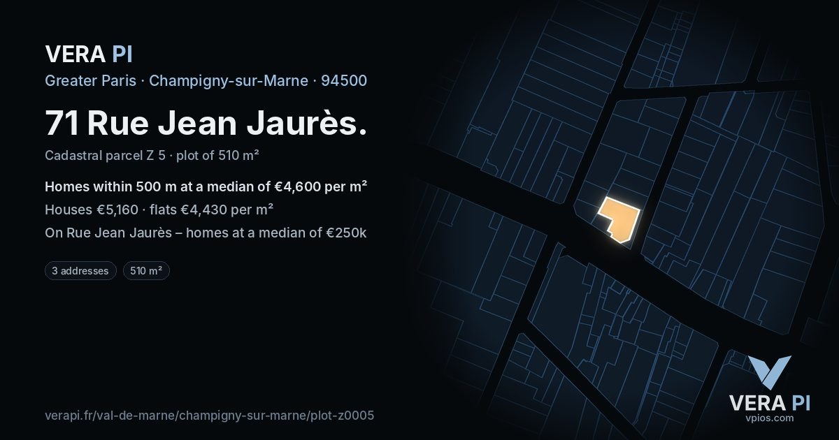 71 Rue Jean Jaurès, Champigny-sur-Marne at night – the plot lit, the parcels around coloured by the prices near them