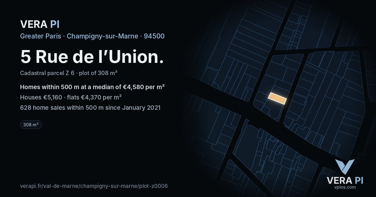 5 Rue de l’Union, Champigny-sur-Marne at night – the plot lit, the parcels around coloured by the prices near them