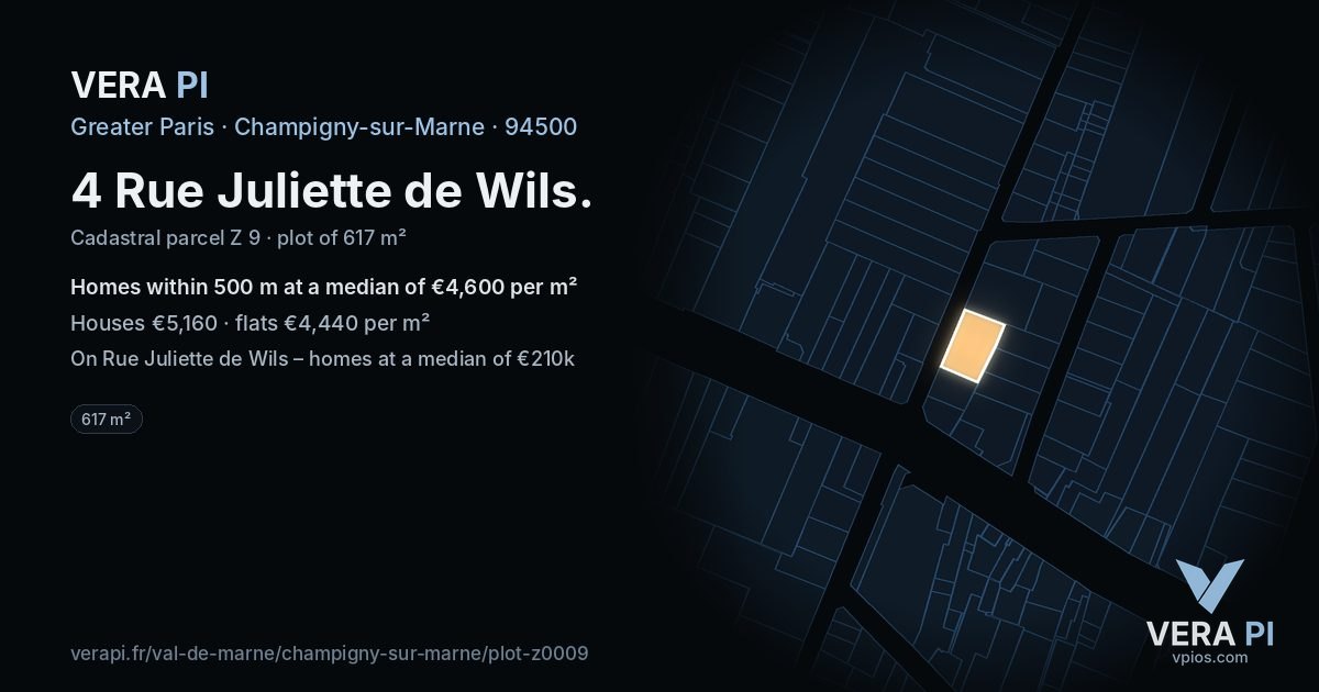 4 Rue Juliette de Wils, Champigny-sur-Marne at night – the plot lit, the parcels around coloured by the prices near them