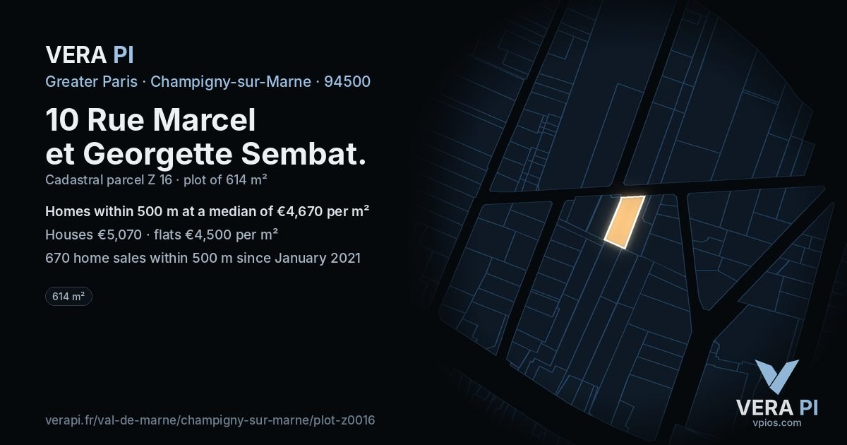 10 Rue Marcel et Georgette Sembat, Champigny-sur-Marne at night – the plot lit, the parcels around coloured by the prices near them