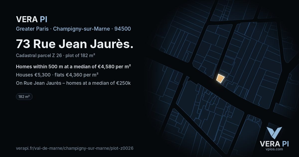 73 Rue Jean Jaurès, Champigny-sur-Marne at night – the plot lit, the parcels around coloured by the prices near them