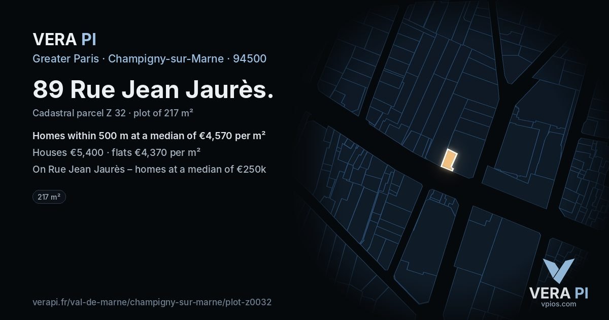 89 Rue Jean Jaurès, Champigny-sur-Marne at night – the plot lit, the parcels around coloured by the prices near them