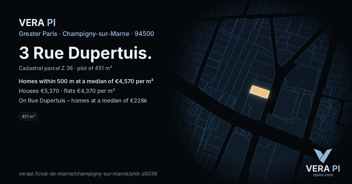 3 Rue Dupertuis, Champigny-sur-Marne at night – the plot lit, the parcels around coloured by the prices near them