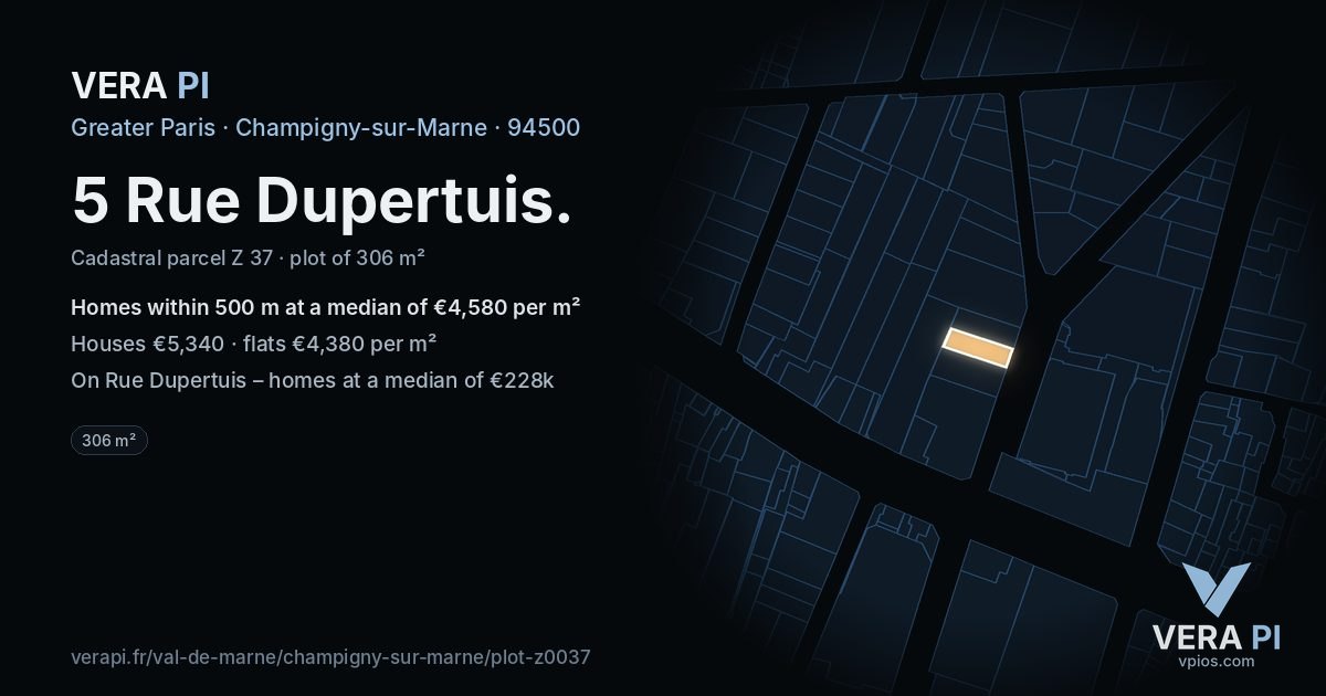 5 Rue Dupertuis, Champigny-sur-Marne at night – the plot lit, the parcels around coloured by the prices near them