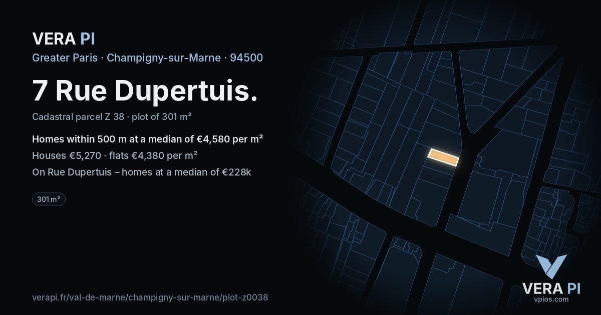7 Rue Dupertuis, Champigny-sur-Marne at night – the plot lit, the parcels around coloured by the prices near them