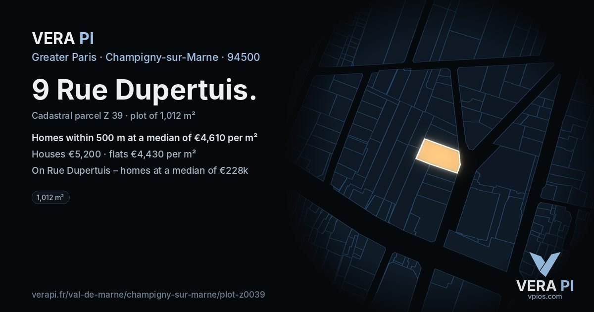 9 Rue Dupertuis, Champigny-sur-Marne at night – the plot lit, the parcels around coloured by the prices near them