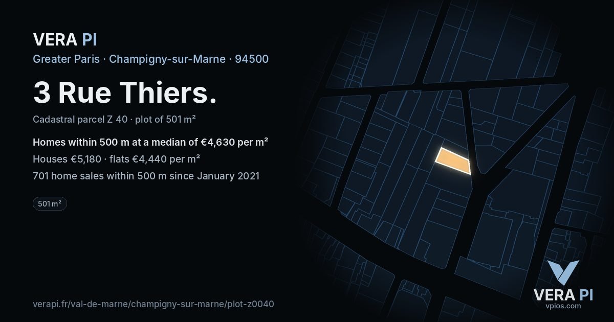 3 Rue Thiers, Champigny-sur-Marne at night – the plot lit, the parcels around coloured by the prices near them
