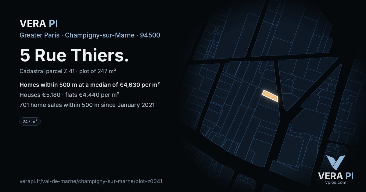 5 Rue Thiers, Champigny-sur-Marne at night – the plot lit, the parcels around coloured by the prices near them