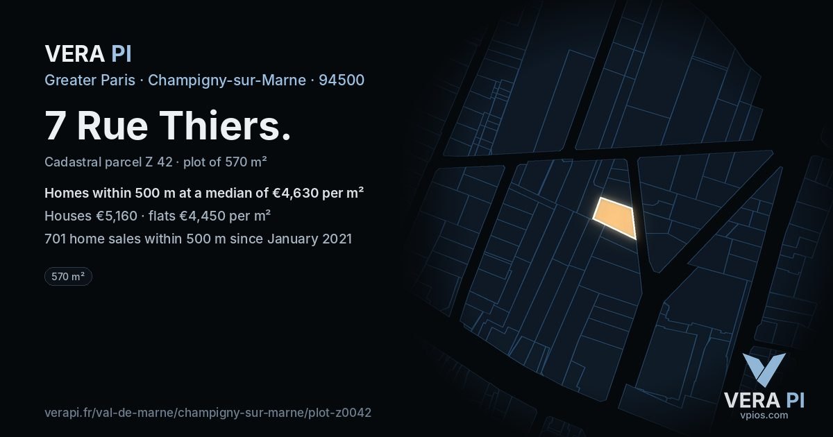 7 Rue Thiers, Champigny-sur-Marne at night – the plot lit, the parcels around coloured by the prices near them