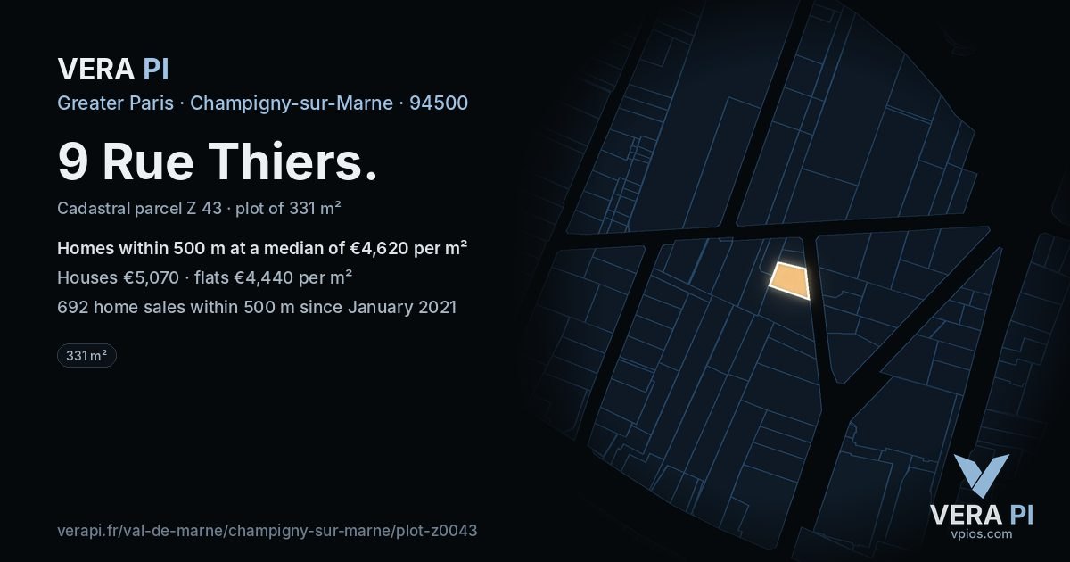 9 Rue Thiers, Champigny-sur-Marne at night – the plot lit, the parcels around coloured by the prices near them