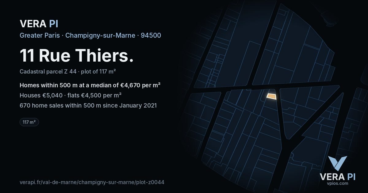 11 Rue Thiers, Champigny-sur-Marne at night – the plot lit, the parcels around coloured by the prices near them