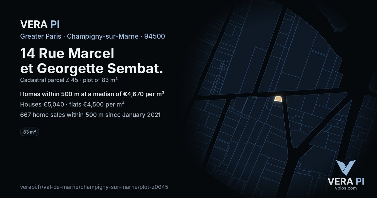 14 Rue Marcel et Georgette Sembat, Champigny-sur-Marne at night – the plot lit, the parcels around coloured by the prices near them
