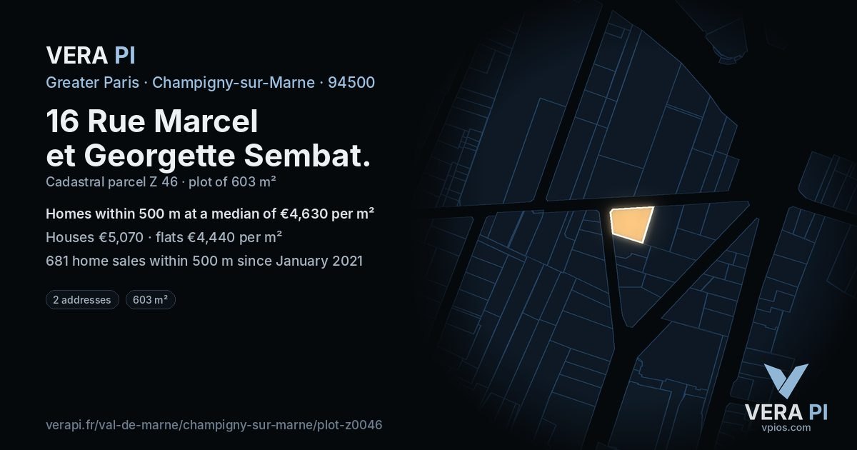 16 Rue Marcel et Georgette Sembat, Champigny-sur-Marne at night – the plot lit, the parcels around coloured by the prices near them