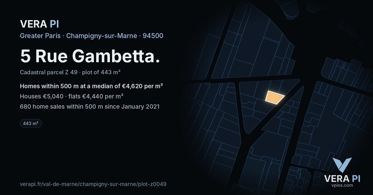 5 Rue Gambetta, Champigny-sur-Marne at night – the plot lit, the parcels around coloured by the prices near them