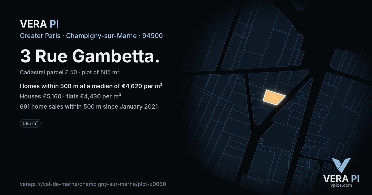 3 Rue Gambetta, Champigny-sur-Marne at night – the plot lit, the parcels around coloured by the prices near them