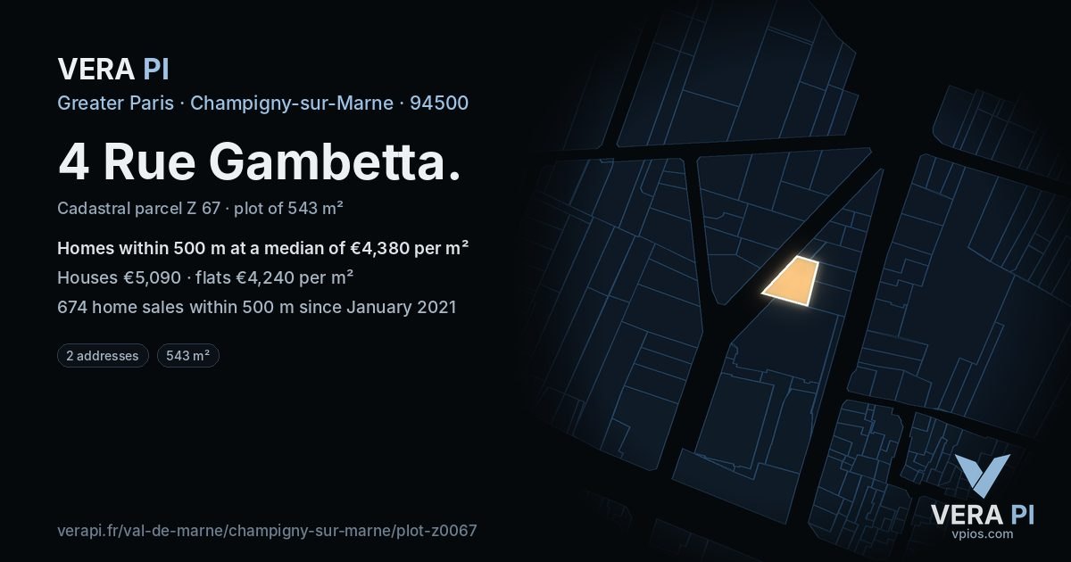 4 Rue Gambetta, Champigny-sur-Marne at night – the plot lit, the parcels around coloured by the prices near them