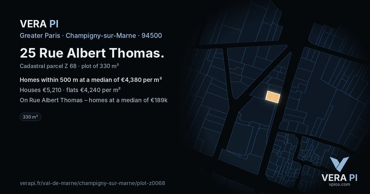 25 Rue Albert Thomas, Champigny-sur-Marne at night – the plot lit, the parcels around coloured by the prices near them