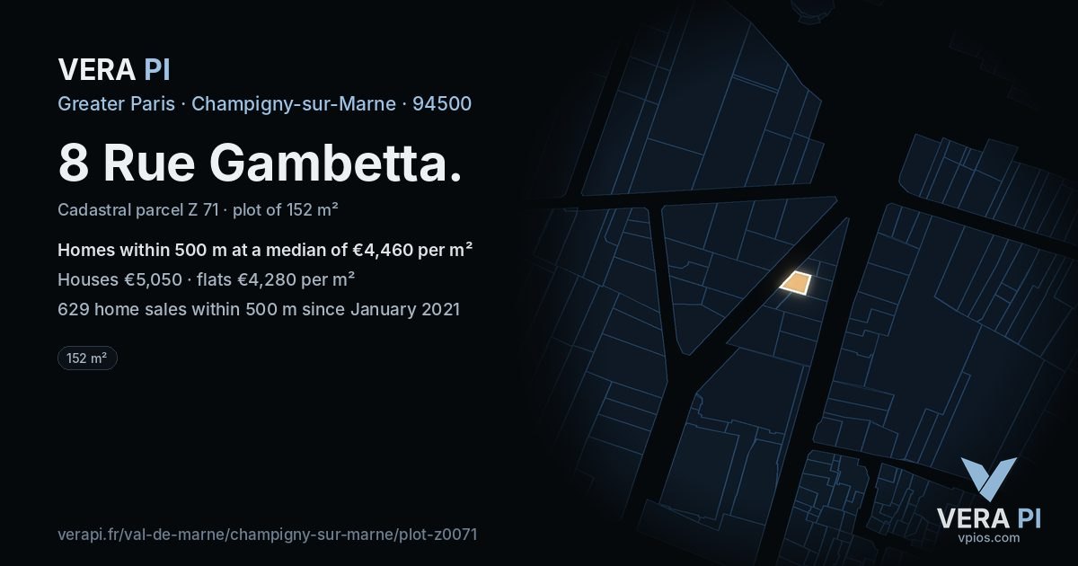 8 Rue Gambetta, Champigny-sur-Marne at night – the plot lit, the parcels around coloured by the prices near them