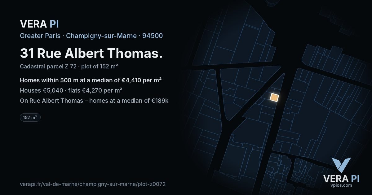 31 Rue Albert Thomas, Champigny-sur-Marne at night – the plot lit, the parcels around coloured by the prices near them