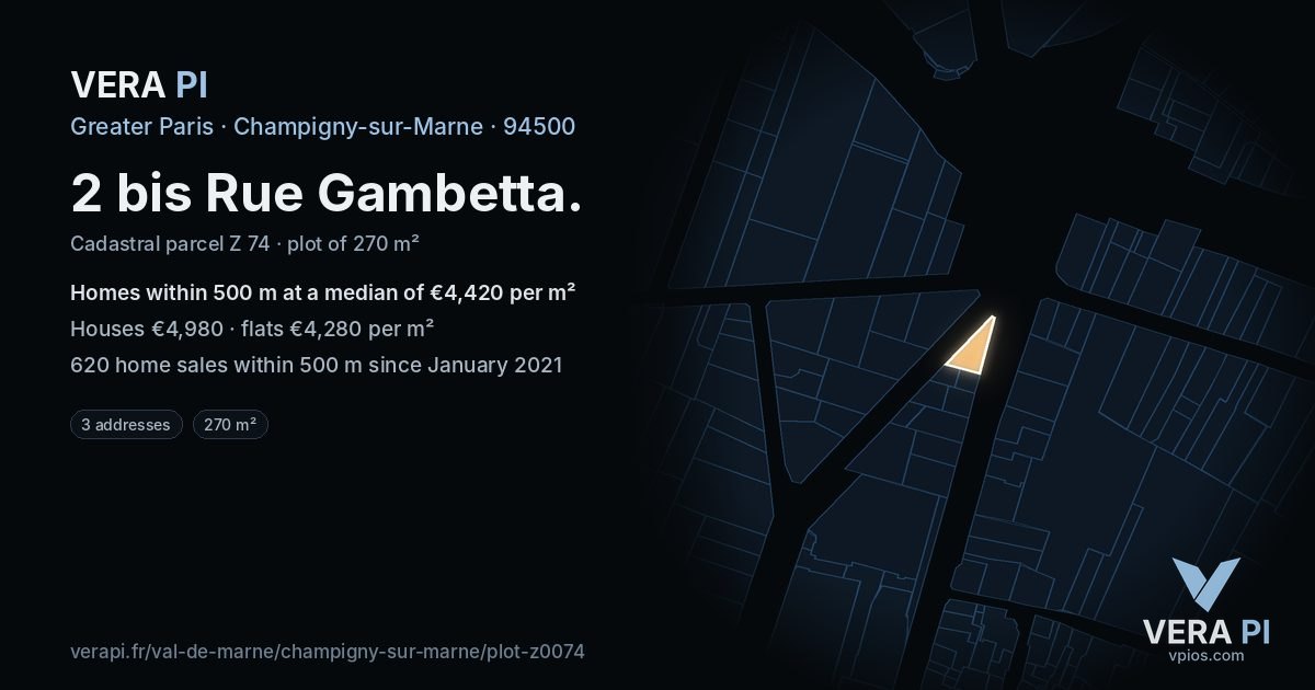 2 bis Rue Gambetta, Champigny-sur-Marne at night – the plot lit, the parcels around coloured by the prices near them