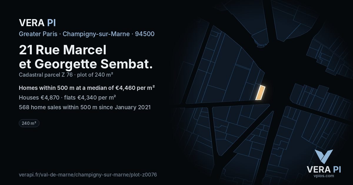 21 Rue Marcel et Georgette Sembat, Champigny-sur-Marne at night – the plot lit, the parcels around coloured by the prices near them