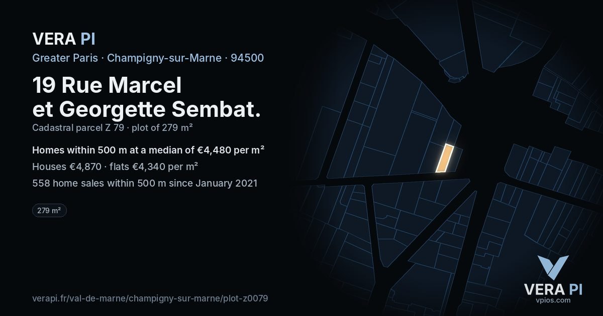 19 Rue Marcel et Georgette Sembat, Champigny-sur-Marne at night – the plot lit, the parcels around coloured by the prices near them