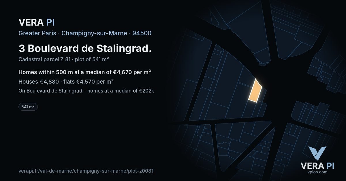 3 Boulevard de Stalingrad, Champigny-sur-Marne at night – the plot lit, the parcels around coloured by the prices near them
