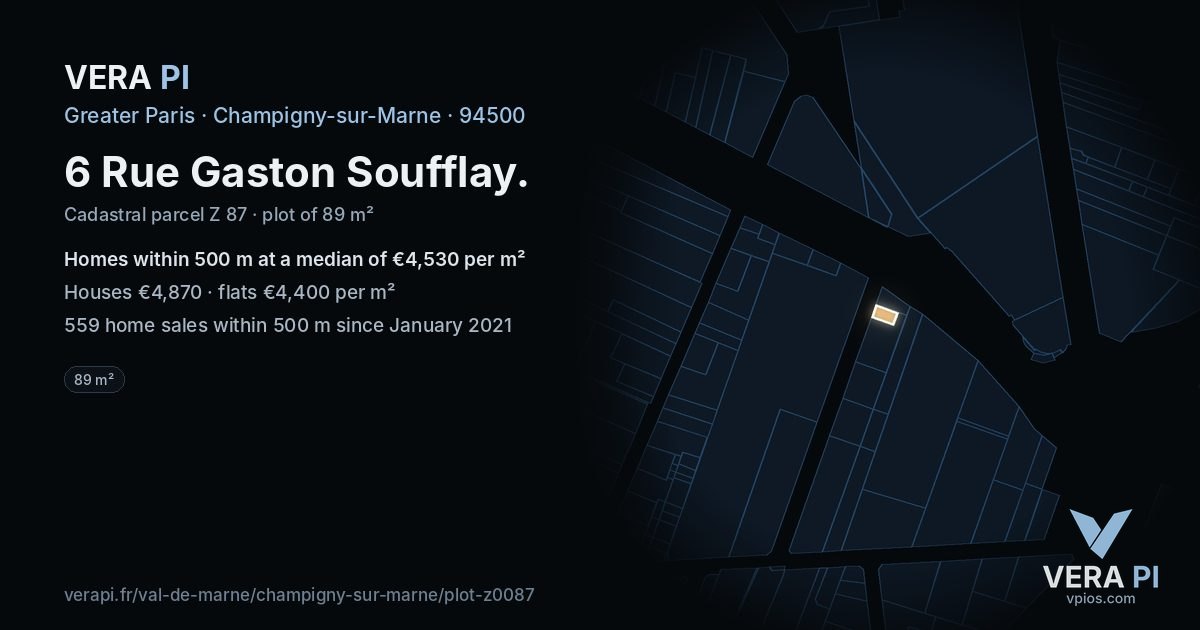 6 Rue Gaston Soufflay, Champigny-sur-Marne at night – the plot lit, the parcels around coloured by the prices near them
