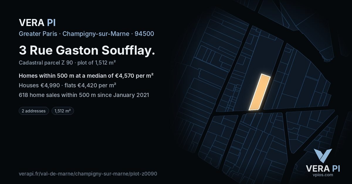 3 Rue Gaston Soufflay, Champigny-sur-Marne at night – the plot lit, the parcels around coloured by the prices near them
