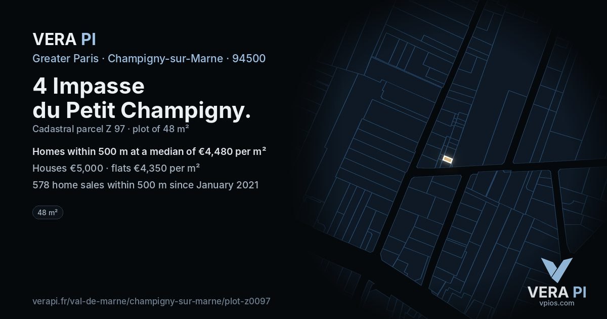 4 Impasse du Petit Champigny, Champigny-sur-Marne at night – the plot lit, the parcels around coloured by the prices near them