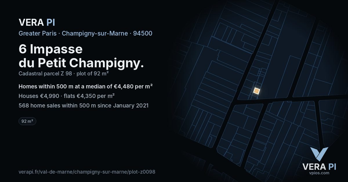 6 Impasse du Petit Champigny, Champigny-sur-Marne at night – the plot lit, the parcels around coloured by the prices near them