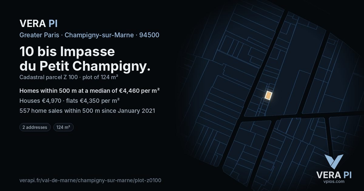 10 bis Impasse du Petit Champigny, Champigny-sur-Marne at night – the plot lit, the parcels around coloured by the prices near them