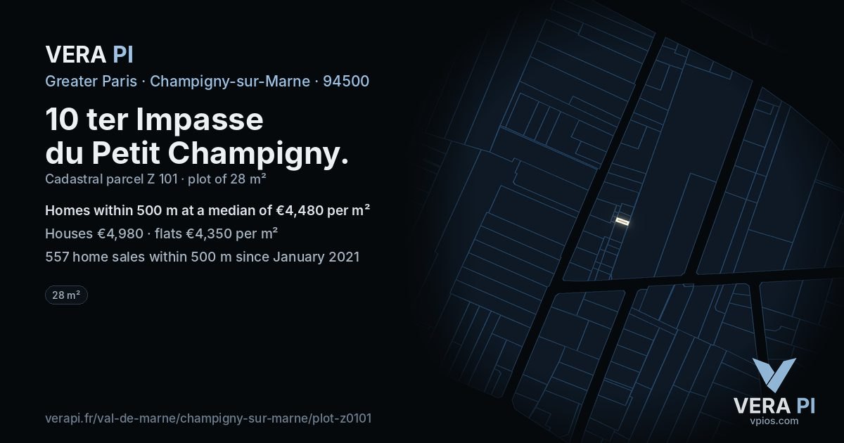 10 ter Impasse du Petit Champigny, Champigny-sur-Marne at night – the plot lit, the parcels around coloured by the prices near them