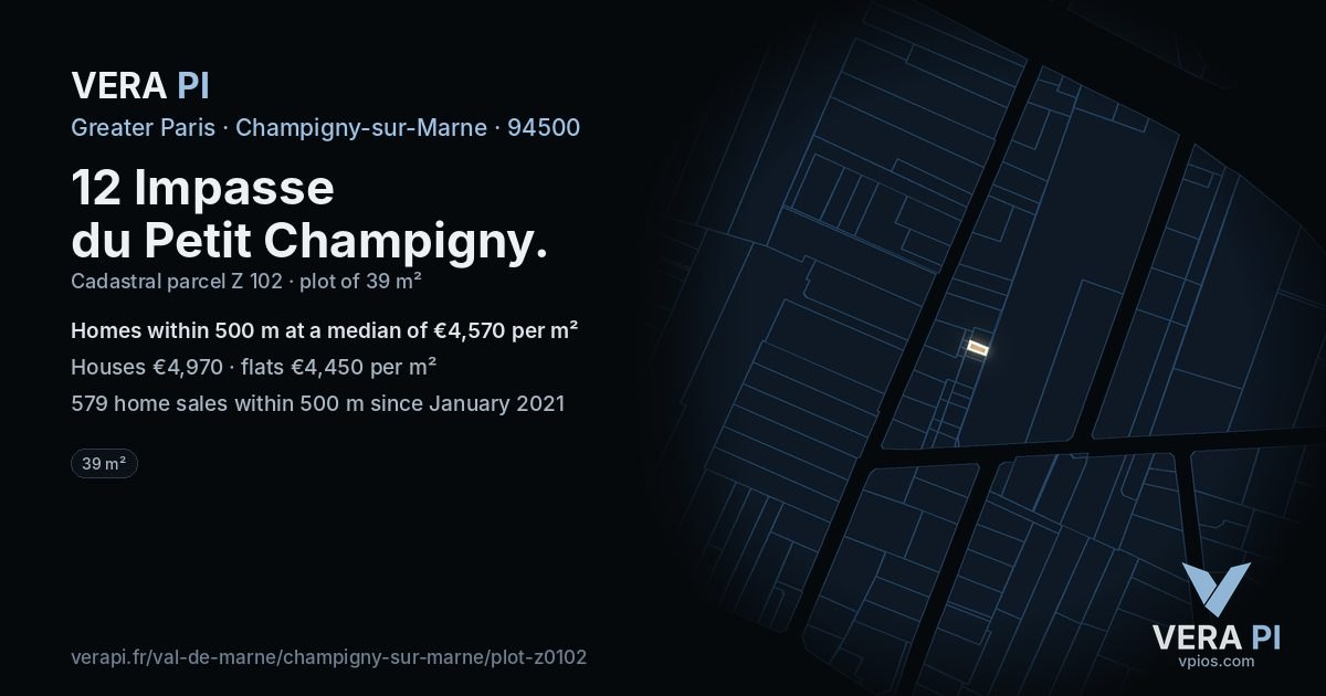 12 Impasse du Petit Champigny, Champigny-sur-Marne at night – the plot lit, the parcels around coloured by the prices near them