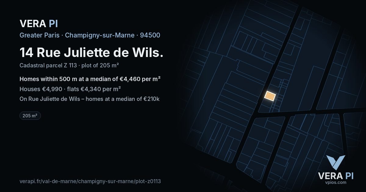 14 Rue Juliette de Wils, Champigny-sur-Marne at night – the plot lit, the parcels around coloured by the prices near them