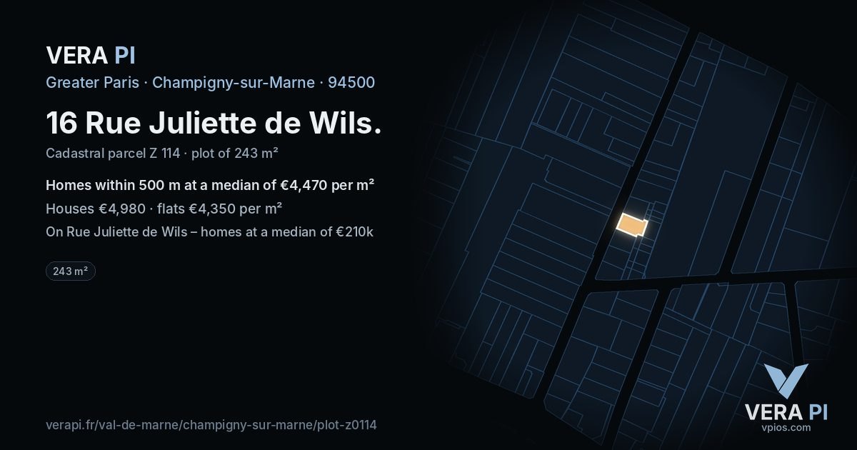 16 Rue Juliette de Wils, Champigny-sur-Marne at night – the plot lit, the parcels around coloured by the prices near them