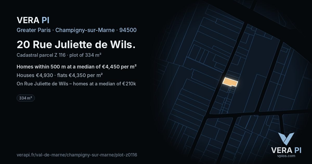 20 Rue Juliette de Wils, Champigny-sur-Marne at night – the plot lit, the parcels around coloured by the prices near them