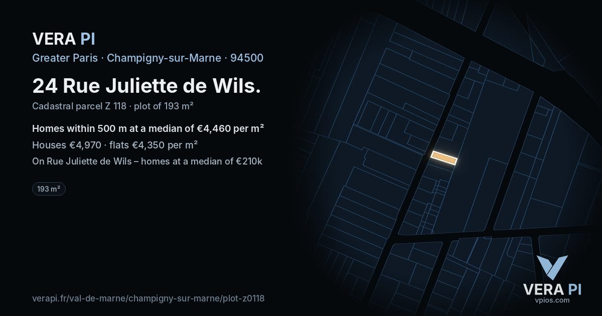 24 Rue Juliette de Wils, Champigny-sur-Marne at night – the plot lit, the parcels around coloured by the prices near them