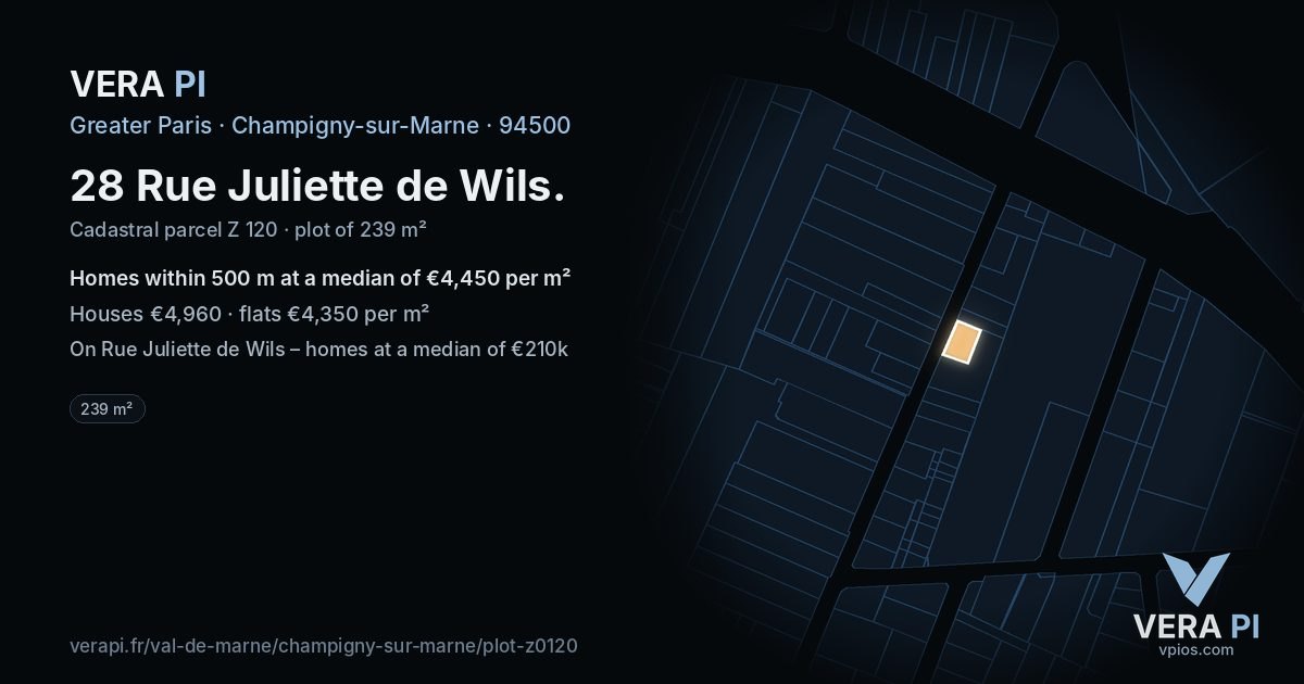 28 Rue Juliette de Wils, Champigny-sur-Marne at night – the plot lit, the parcels around coloured by the prices near them