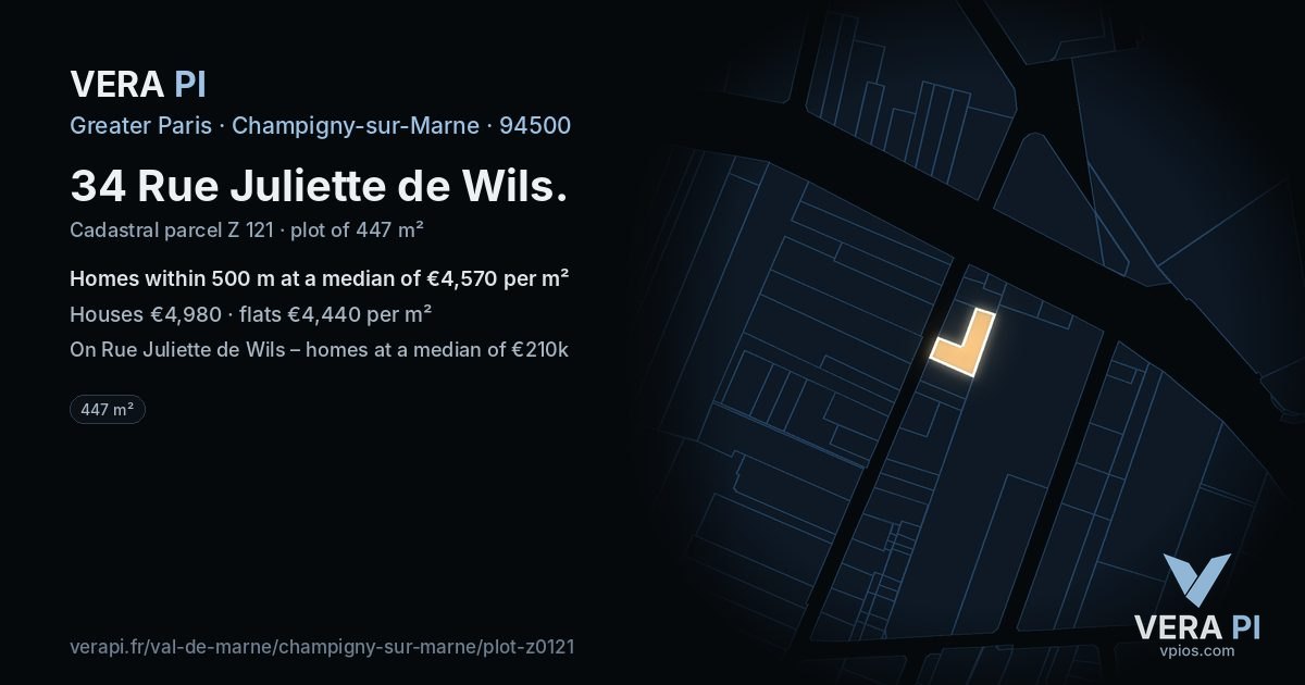 34 Rue Juliette de Wils, Champigny-sur-Marne at night – the plot lit, the parcels around coloured by the prices near them