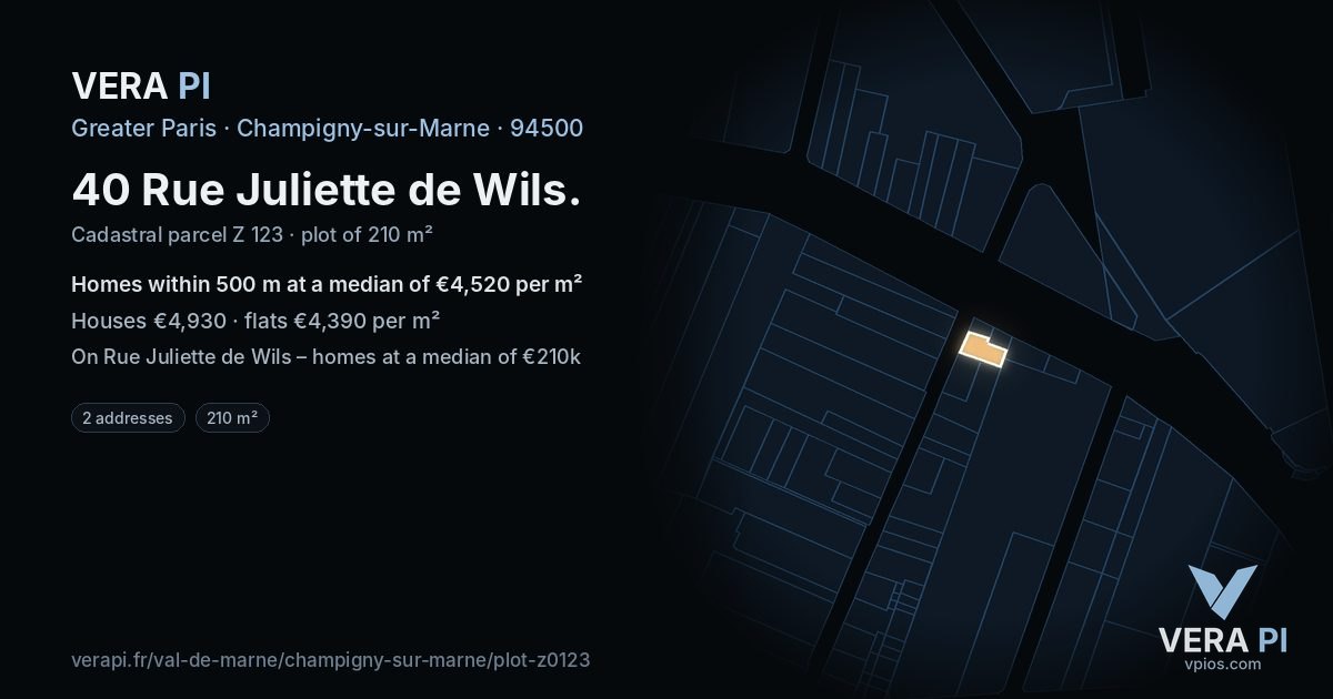 40 Rue Juliette de Wils, Champigny-sur-Marne at night – the plot lit, the parcels around coloured by the prices near them