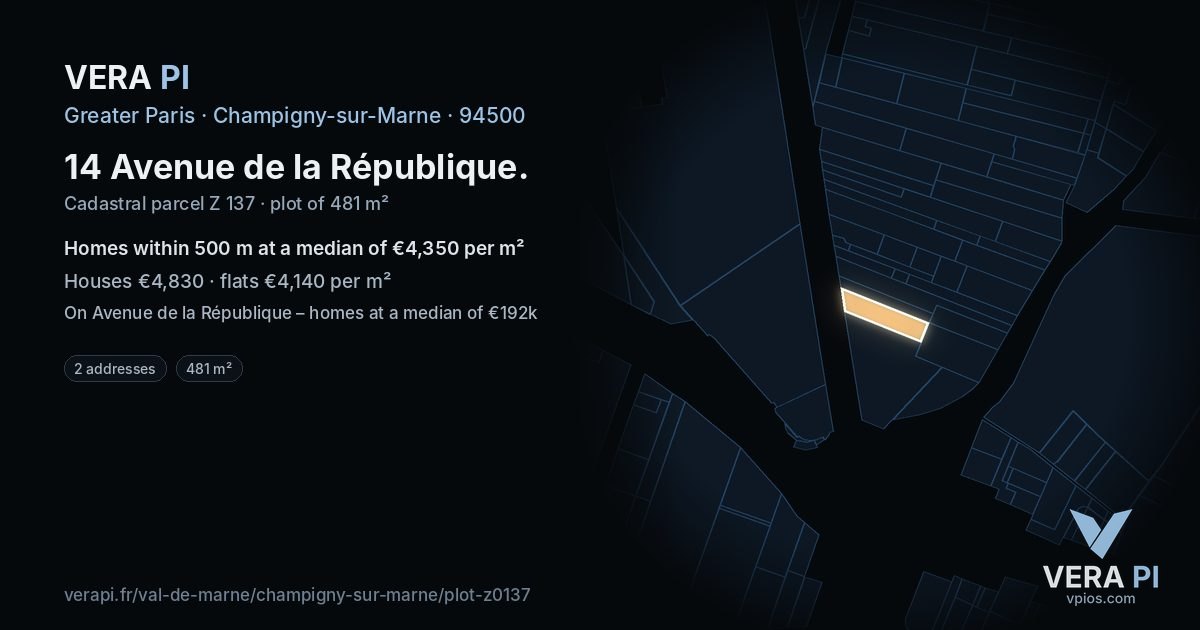 14 Avenue de la République, Champigny-sur-Marne at night – the plot lit, the parcels around coloured by the prices near them