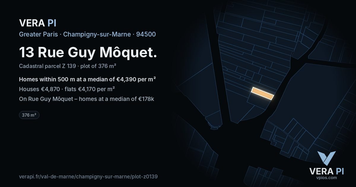 13 Rue Guy Môquet, Champigny-sur-Marne at night – the plot lit, the parcels around coloured by the prices near them