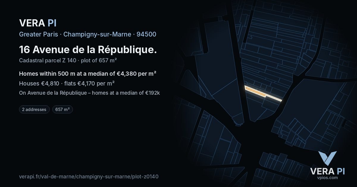 16 Avenue de la République, Champigny-sur-Marne at night – the plot lit, the parcels around coloured by the prices near them