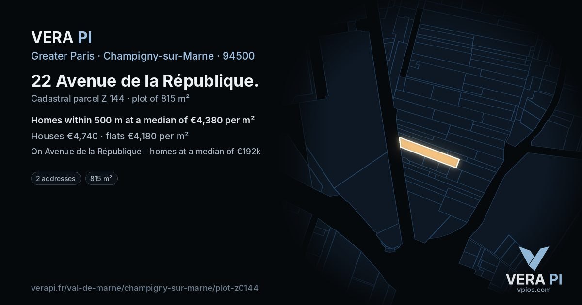 22 Avenue de la République, Champigny-sur-Marne at night – the plot lit, the parcels around coloured by the prices near them