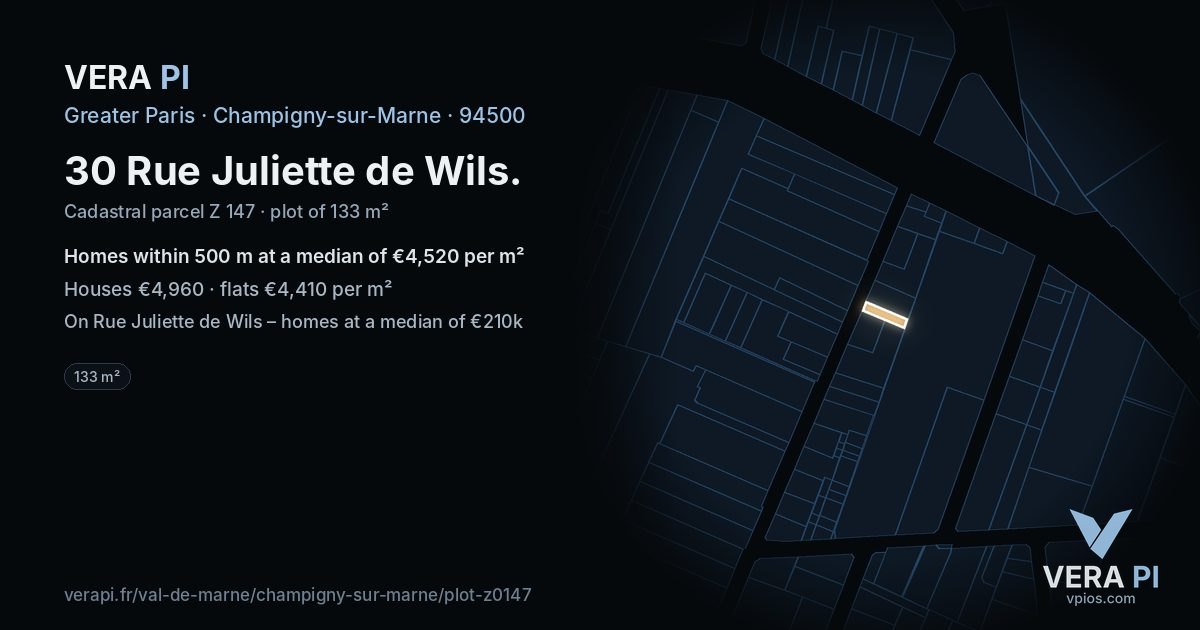 30 Rue Juliette de Wils, Champigny-sur-Marne at night – the plot lit, the parcels around coloured by the prices near them