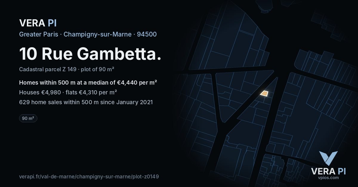 10 Rue Gambetta, Champigny-sur-Marne at night – the plot lit, the parcels around coloured by the prices near them