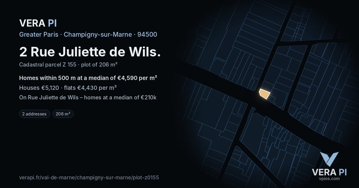 2 Rue Juliette de Wils, Champigny-sur-Marne at night – the plot lit, the parcels around coloured by the prices near them