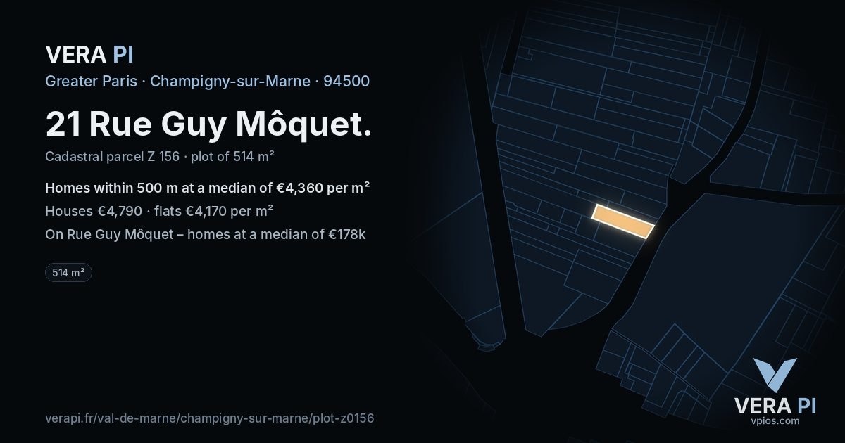 21 Rue Guy Môquet, Champigny-sur-Marne at night – the plot lit, the parcels around coloured by the prices near them