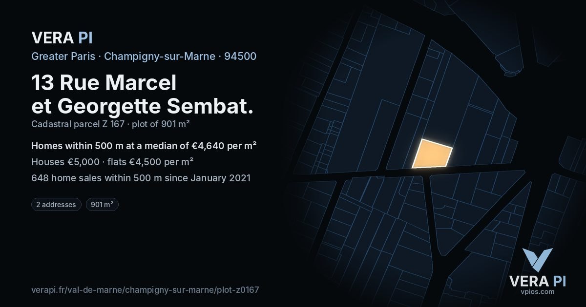 13 Rue Marcel et Georgette Sembat, Champigny-sur-Marne at night – the plot lit, the parcels around coloured by the prices near them